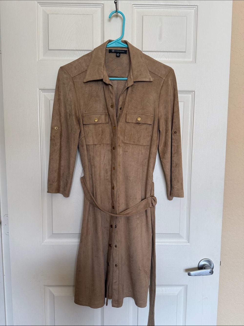 Women’s Tan Faux-Suede Shirt Dress with Belt